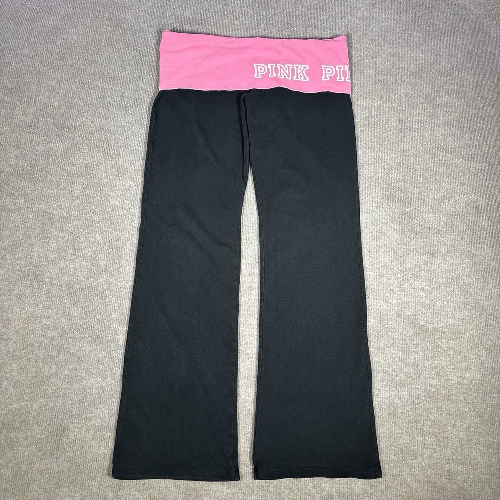 Victoria Secret PINK Yoga Pants Womens L Short Black Pink Foldover Flare Y2K - Picture 1 of 8
